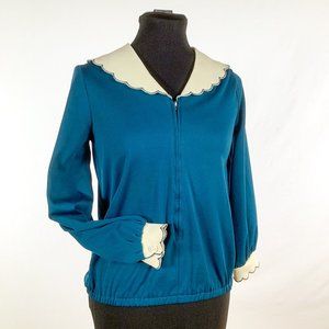 Vintage Retro Teal Blouse with Cream Sailor Bib and Button Cuffs